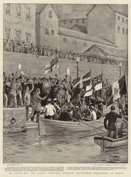 En Route for the Greek Frontier, English Volunteers embarking at Corfu (litho)