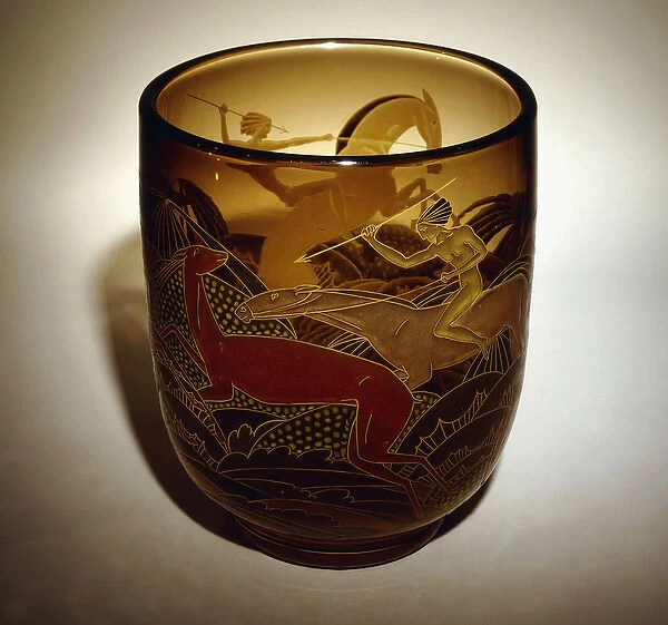 Enamelled glass vase depicting two Amazons hunting deer (enamelled sepia glass vase