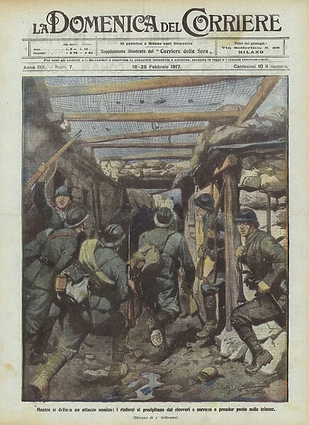 While an enemy attack is outlined, reinforcements rush from shelters and run to take their places in the trenches (colour litho)