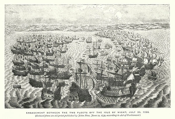 Engagement between the two fleets off the Isle of Wight, 25 July 1588 (engraving)