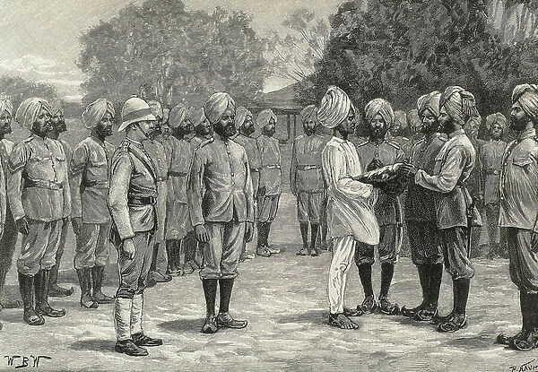 England (19th century). Colonization. India. The new regiments of Burmah. Taking oath to new recruits. Engraving. Private Collection