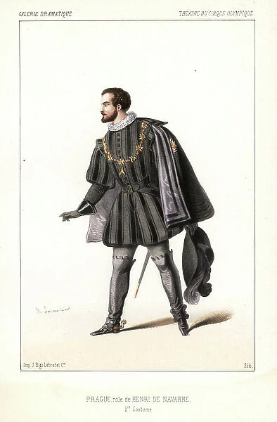 English actor Prague as Henri de Navarre in Henri IV by Saint-Hilaire and Michel Delaporte, Cirque Olympique, 1846. Handcoloured lithograph after an illustration by Alexandre Lacauchie from Victor Dollet's Galerie Dramatique