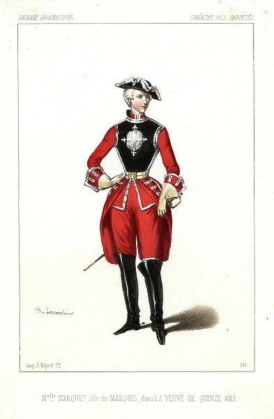 English actress Delphine Marquet as the Marquis in La Veuve de Fifteen Ans by Theaulon and Adolphe, Theatre des Varieties, 1847. Handcoloured lithograph after an illustration by Alexandre Lacauchie from Victor Dollet's Galerie Dramatique