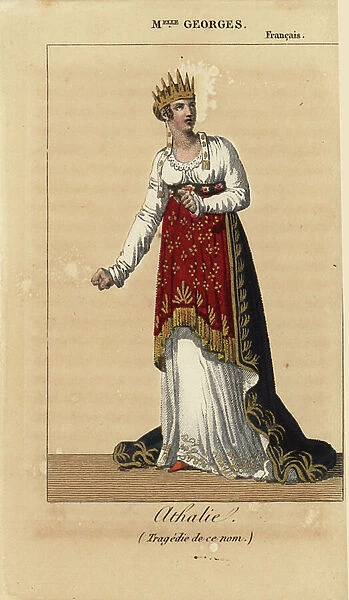 English actress Miss Marguerite Georges (1787-1867) as Athalie in the tragedy Athalie by Jean Racine at the Theatre Francais. Handcoloured copperplate engraving from Charles Malo's Almanach des Spectacles by K. Y. Z, Chez Louis Janet, Paris, 1820