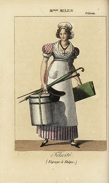English actress Miss Millen as Felicite in the play Le Voyage a Dieppe by Alexis Wafflard and Fulgence de Bury at the Odeon, 1821. Handcoloured copperplate engraving from Charles Malo's Almanach des Spectacles by K. Y