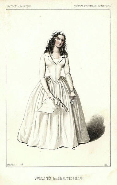 English actress Rose-Marie Cizos or Madame Rose Cheri in the lead role in Charlotte Corday by Dumanoir and Clairville, Gymnasium Dramatique, 1847. Handcoloured lithograph after an illustration by Alexandre Lacauchie from Victor Dollet's Galerie