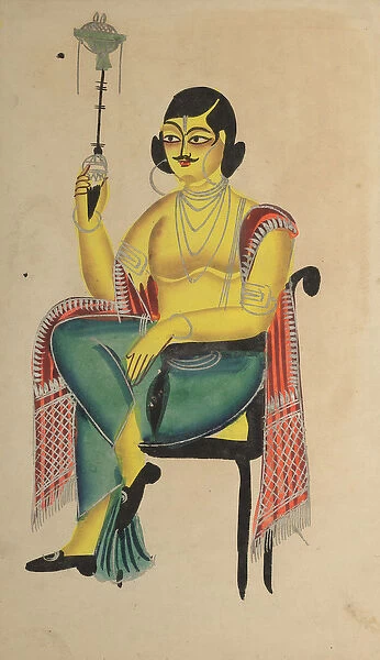 English Babu (Native Indian Clerk) Holding a Hookah, Kalighat painting