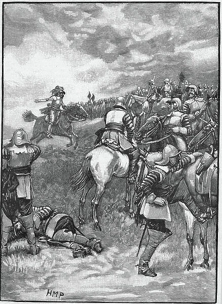 English Civil Wars: Battle of Naseby 14 June 1645. Charles I trying to rally his troops for a final charge against Cromwell's forces. After 19th century engraving