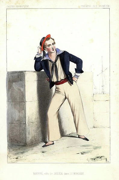 English comic actor Hugues Marie Desire Bouffe as Julien in Le Mousse (The Ship's Boy) by Emile Souvestre, Theatre des Varietees, 1846. Handcoloured lithograph after an illustration by Alexandre Lacauchie from Victor Dollet's Galerie Dramatique