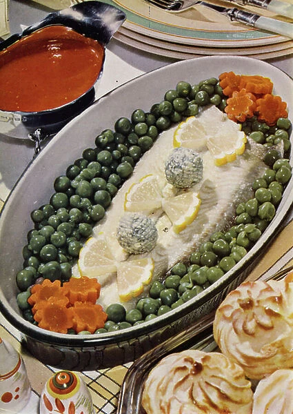 English cookery, 1950s: Grilled sole with vegetables (colour photo)