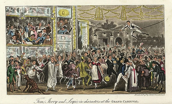 English dandies in fancy dress at a costume ball at Vauxhall Gardens, 1820. Tom, Jerry and Logic in characters at the Grand Carnival. Handcoloured copperplate engraving by Isaac Robert Cruikshank
