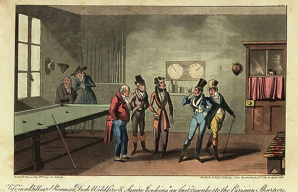 English dandies leaving English hustlers in a pool hall. Life in a Billiard Room, or Dick Wildfire and Squire Jenkins au fait (awake) to the Parisian Sharpers