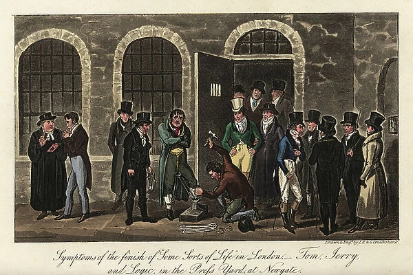 English dandies visiting a condemned man having his shackles removed by a blacksmith in the Press Yard at Newgate Prison. Symptoms of the finish of Some Sorts of Life in London
