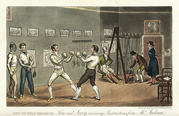 English dandy Tom taking a boxing lesson from famous boxer Gentleman John Jackson, while Jerry is weighed on a swing scale. Tom and Jerry receiving instruction from Mr. Jackson at his rooms in Bond Street