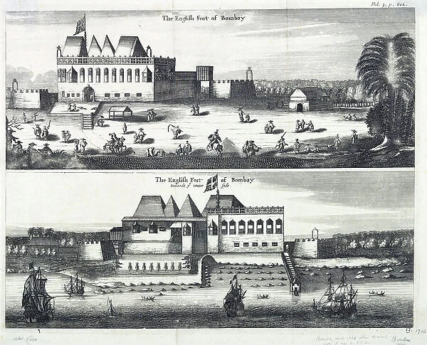 The English Fort of Bombay, 1703. Etching. Two images on one plate; Vol.3; p. 602.; No.13