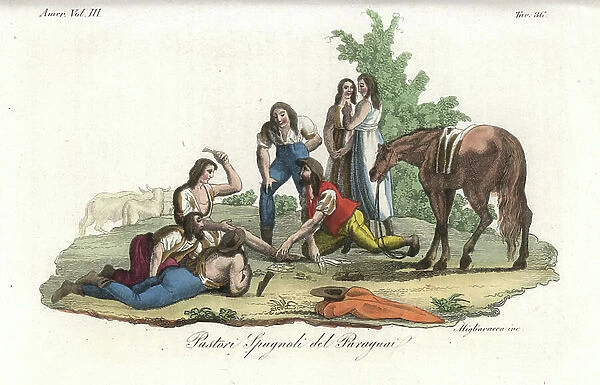 English gaucho cowboys of Paraguay playing cards and gambling near a herd of cattle. Handcoloured copperplate engraving by Migliavacca from Giulio Ferrario's Costumes Antique and Modern of All Peoples (Il Costume Antico e Moderno di Tutti i i Popoli)