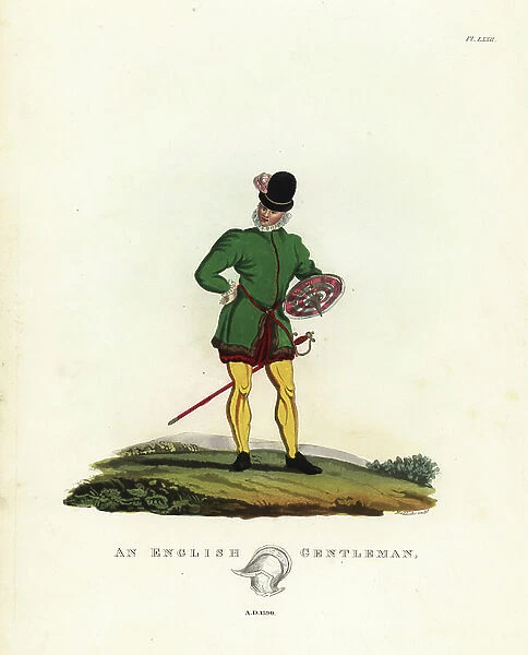 English gentleman, 1590. Sword-and-buckler man of Shakespeare's time. He wears a doublet, breeches and hose, and carries a sword and buckler with central spike. Handcoloured lithograph by Maddocks after an illustration by S.R