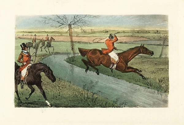 English gentleman jumping across a brook during a hunt. 1900 (chromolithograph)