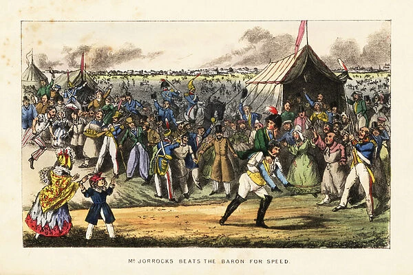 English gentlemen gambling on an unusual foot race during a horse-racing meet on the Champs de Mars, Paris, 19th century