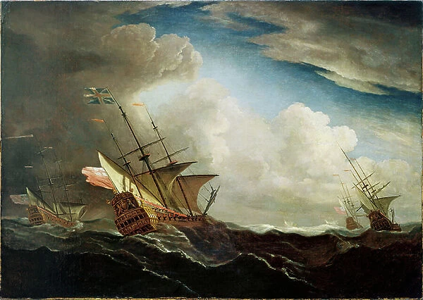 English ships at sea beating to windward in a gale, c.1690 (oil on canvas)