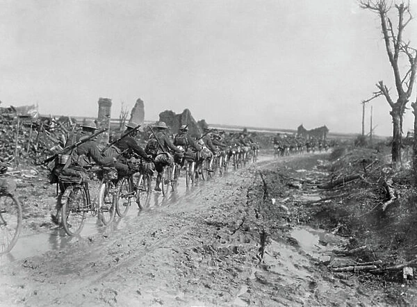 English soldiers scouts cyclists on the front of the Somme watching retreat of Germans during Somme battle in 1916