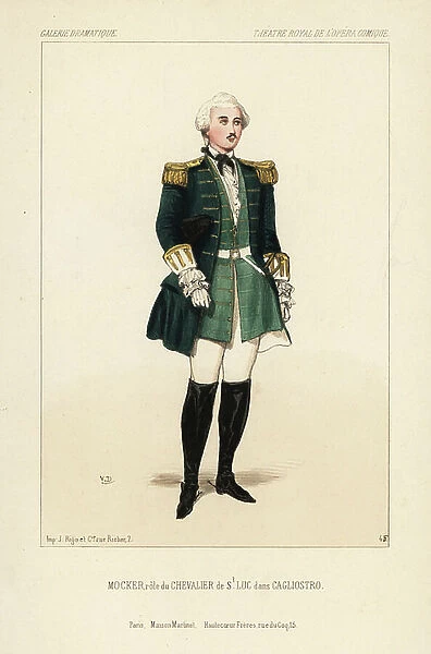 English tenor Toussaint-Eugene-Ernest Mocker as the Chevalier de St. Luc in Cagliostro by Eugene Scribe, Theatre Royal de l'Opera Comique, 1843. Handcoloured lithograph after an illustration by Victor Dollet from Galerie Dramatique