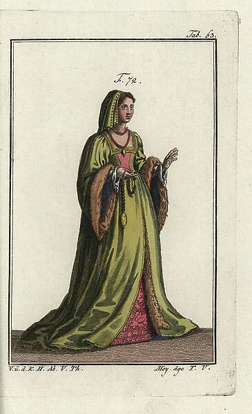 English woman in church with a rosary in her hand. Late middle ages. Handcolored copperplate engraving from Robert von Spalart's ' Historical Picture of the Costumes of the Principal People of Antiquity and of the Middle Ages, ' Vienna, 1811