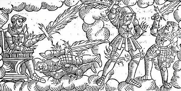 Engraving depicting an ancient meteor shower shown as knights fighting in the sky with flaming swords. Dated 16th Century