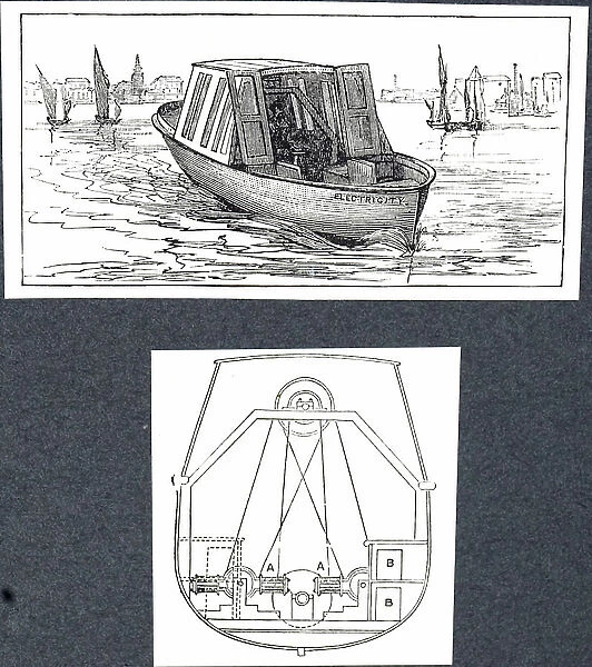 Engraving depicting Anthony Reckenzaum's electric boat, 19th century