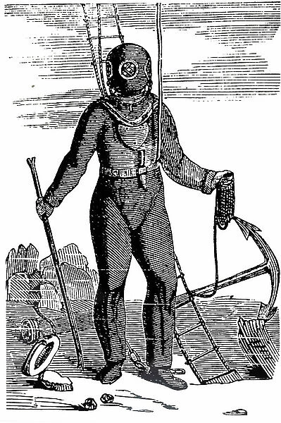 Engraving depicting Augustus Siebe's diving suit