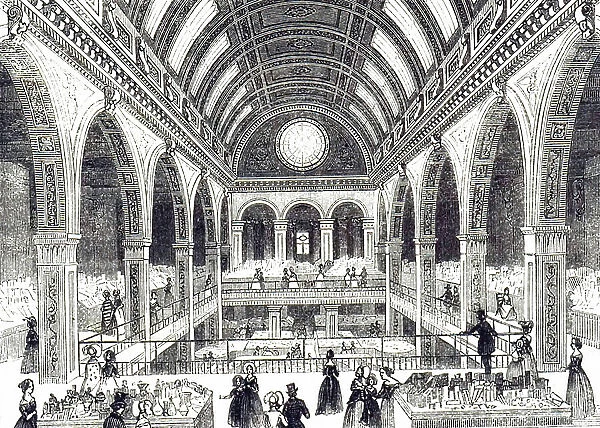 An engraving depicting a Bazar on Oxford Street, London. The first floor was a picture gallery. The next level shown had counters for millinery, lace, hosiery, cutlery, jewellery, toys, children's clothing, etc