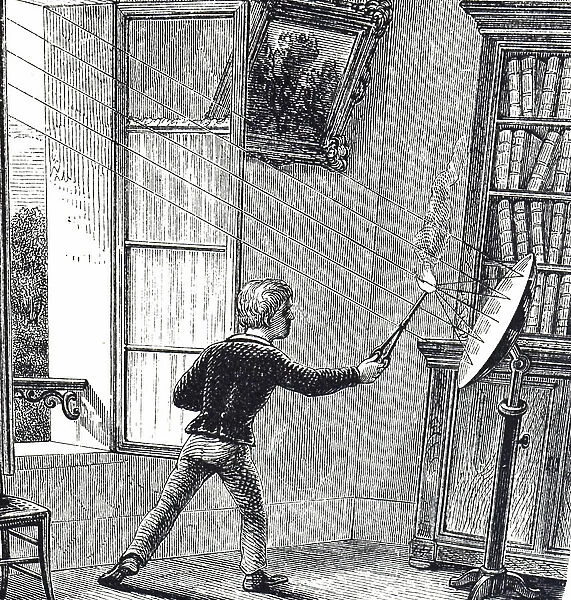 Engraving depicting a boy lighting paper using the sun's rays focused by a concave mirror, 19th century