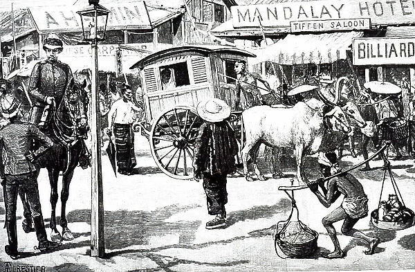 An engraving depicting a busy street scene in Mandalay, Myanmar, 19th century