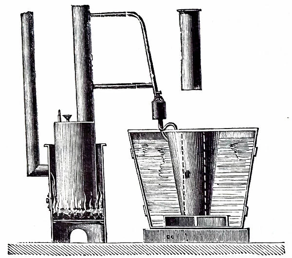 An engraving depicting Carre's apparatus for the artificial production of ice. A vessel containing concentrated ammonia is heated. The vaporised ammonia liquefies. Subsequent cooling vaporises ammonia producing cold, 19th century