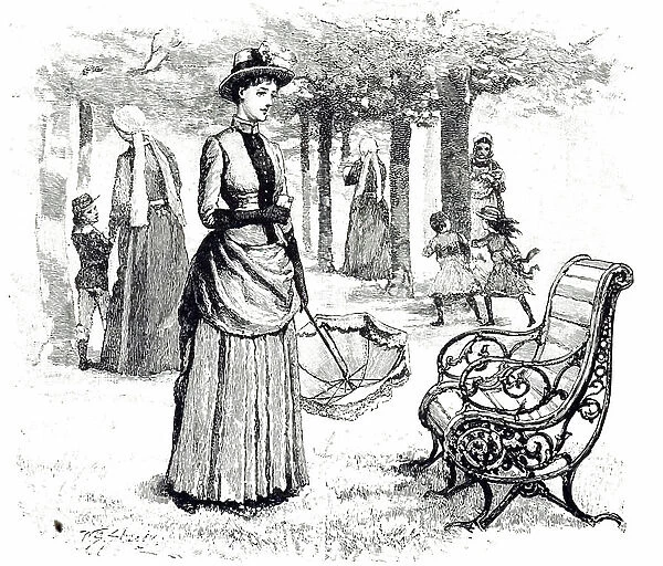 An engraving depicting a cast iron garden bench with a slatted wooden seat and back in a public park, Berlin, 19th century