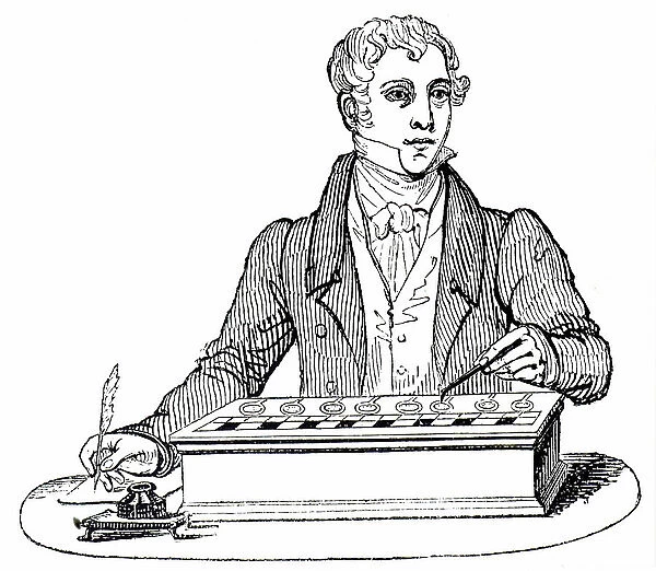 An engraving depicting a clerk using a Pascal adding machine, and writing down his results with a quill pen, 19th century