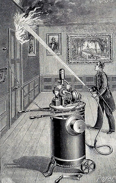 An engraving depicting a corridor engine. Portable electrically powered fire extinguisher by Merryweather's Greenwich. The cylinder held 120 litres. The extinguisher was rushed to the seat of the fire