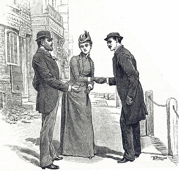 Engraving depicting a couple greeting a stranger with a handshake, 19th century