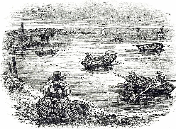 An engraving depicting crab fishers examining their creels, 19th century