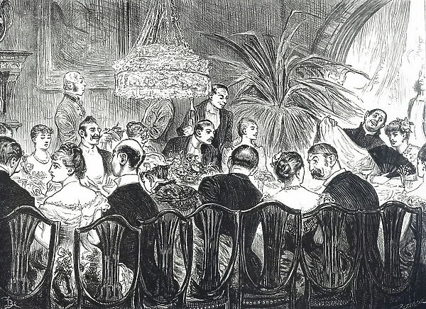 Engraving depicting a dinner party