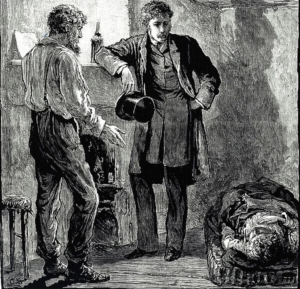 Engraving depicting a doctor visiting a dying boy at home