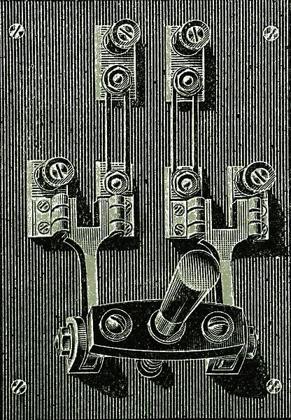 Engraving depicting a double-pole main switch, 19th century