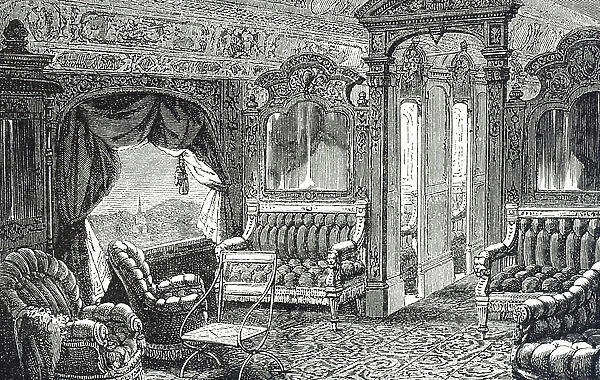 Engraving depicting a drawing room car on an American train, 19th century