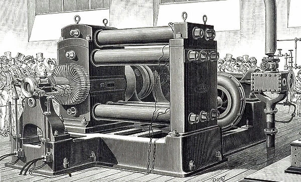 An engraving depicting Edison's Jumbo Engine-driver Dynamo on show at the Paris Electrical Exhibition of 1881. Thomas Edison (1847-1931) an American inventor and businessman, 19th century