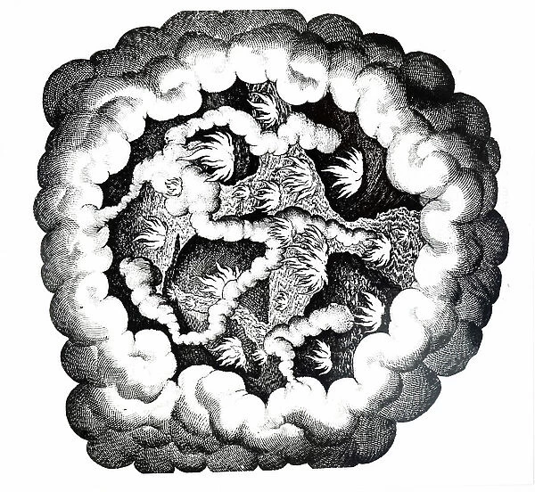 Engraving depicting elemental chaos, showing the fight between the qualities hot and cold, wet and dry