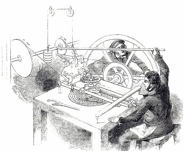 An engraving depicting an engine used for cutting teeth of clock wheels, 19th century