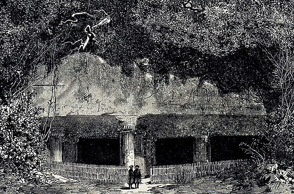 An engraving depicting an entrance to the caves of Elephanta near Bombay, India, 19th century