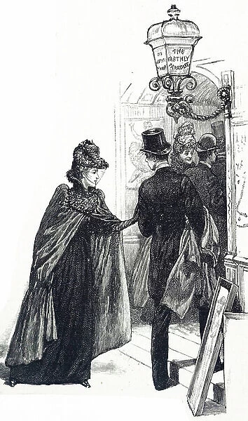 Engraving depicting a fashionable couple attending a play in London, 19th century