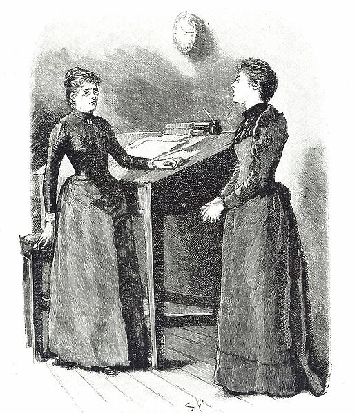 Engraving depicting female clerks, 19th century