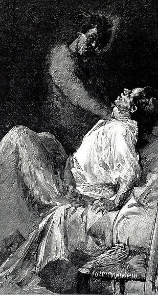 An engraving depicting a fever patient dreaming he is being strangled, 19th century